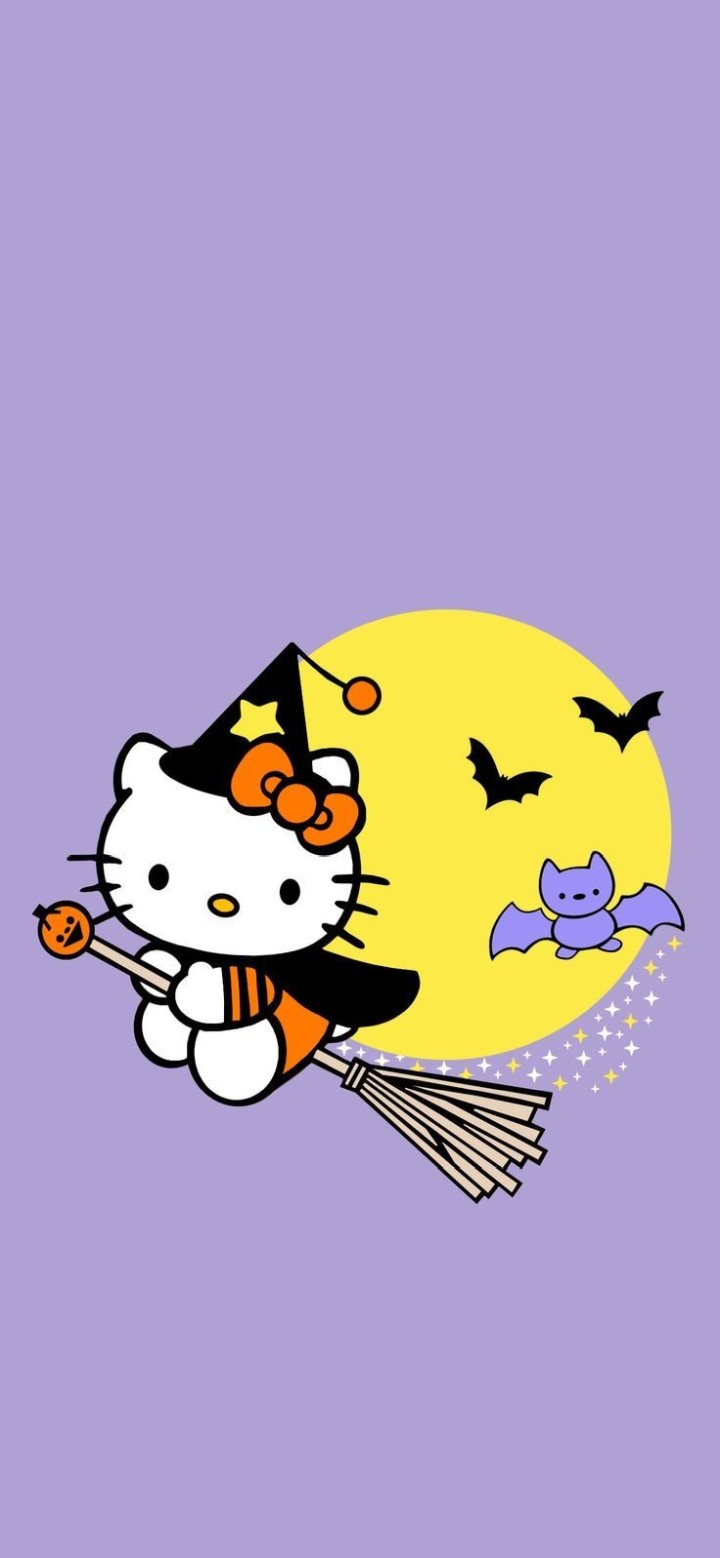Hello Kitty witch flying on broom at night stars
