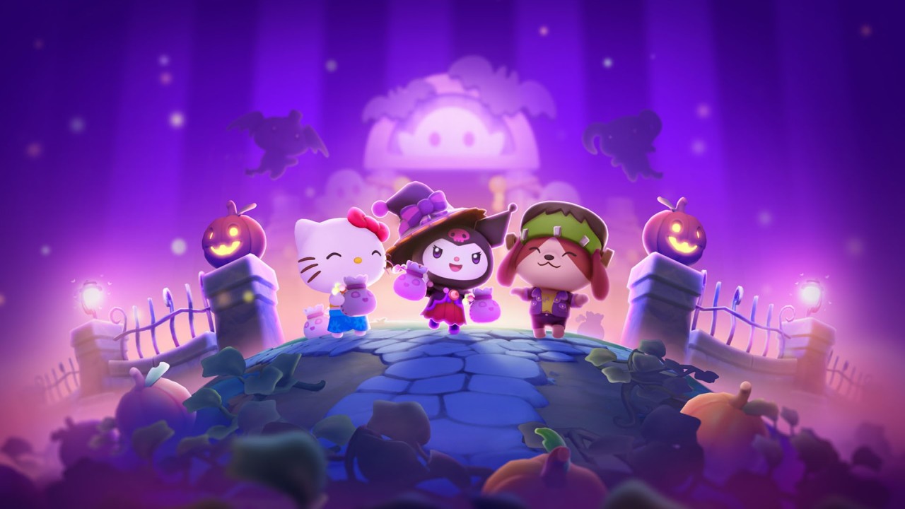 Hello Kitty as a witch with pumpkins and stars