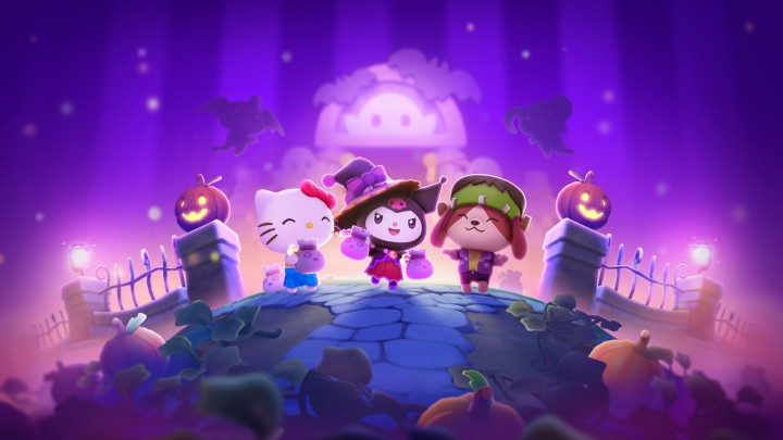 Hello Kitty as a witch with pumpkins and stars