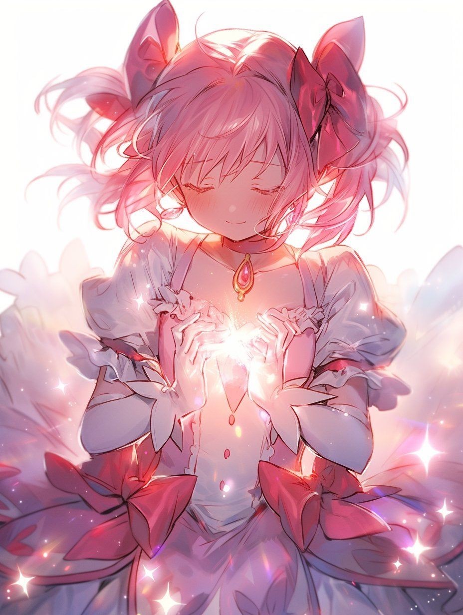 Homura and Madoka holding hands in a flower field