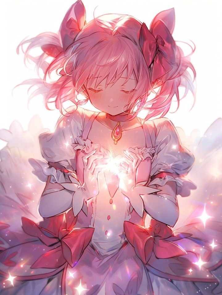 Homura and Madoka holding hands in a flower field