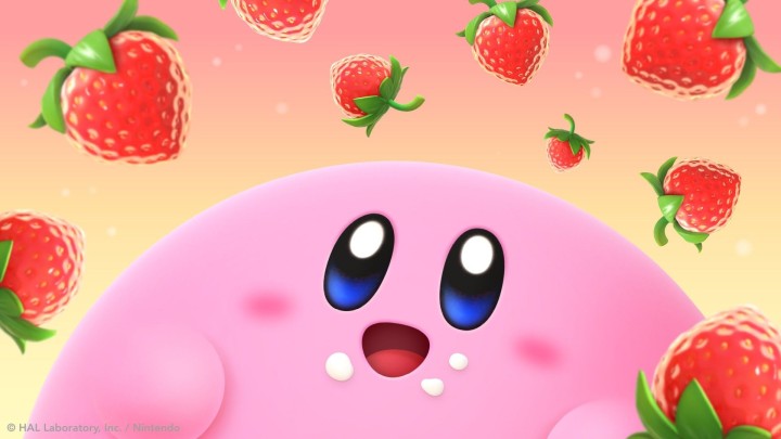 Kirby surrounded by floating strawberries