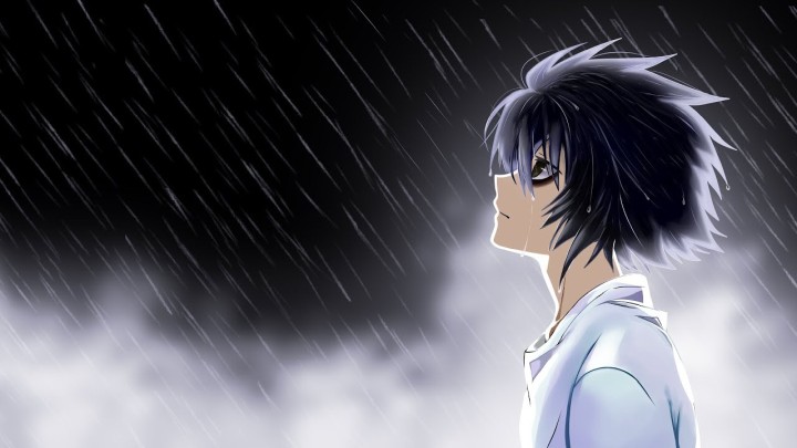 L from Death Note looks up in the rain