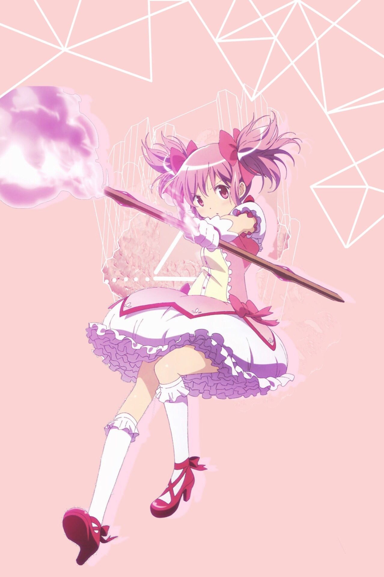 Madoka Kaname jumping in a pink dress