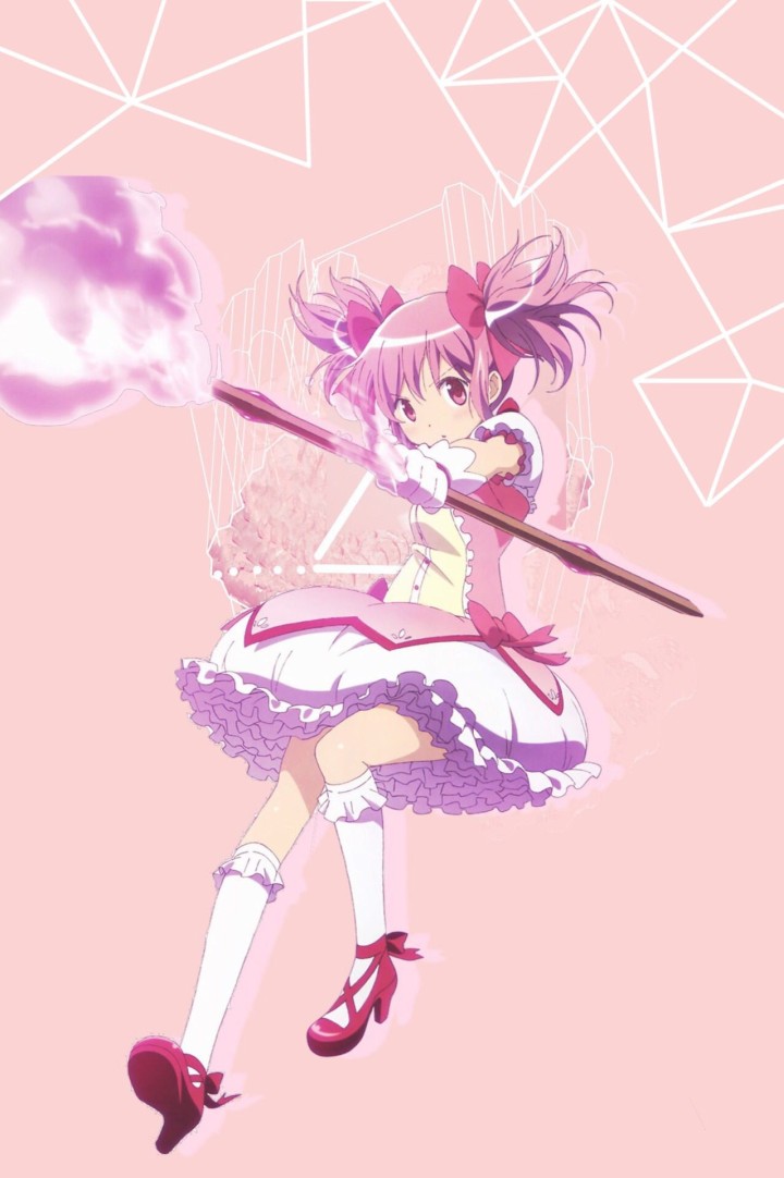 Madoka Kaname jumping in a pink dress