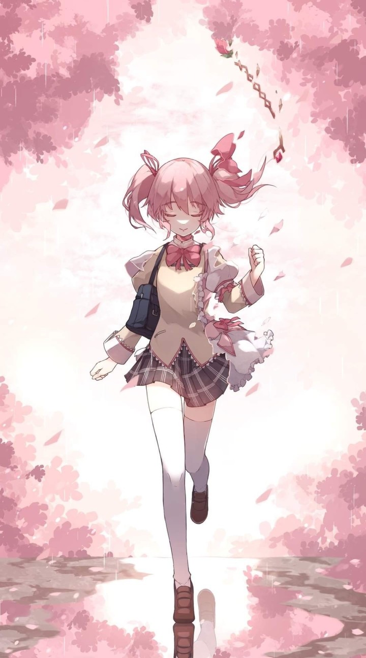Madoka Kaname in pink dress with gears background