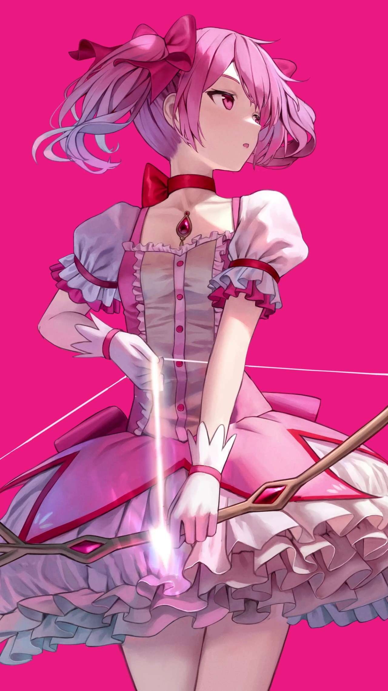 Madoka Kaname in pink dress holding light in hands