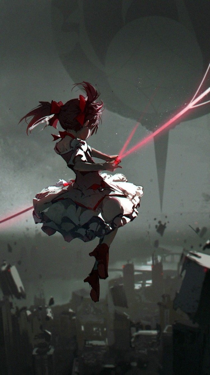 Madoka Kaname running with cherry blossoms