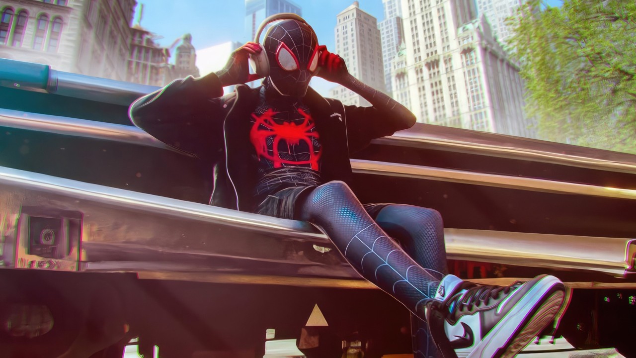 Miles Morales Spider-Man with headphones sitting in the city