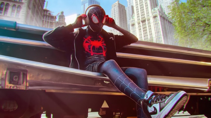 Miles Morales Spider-Man with headphones sitting in the city