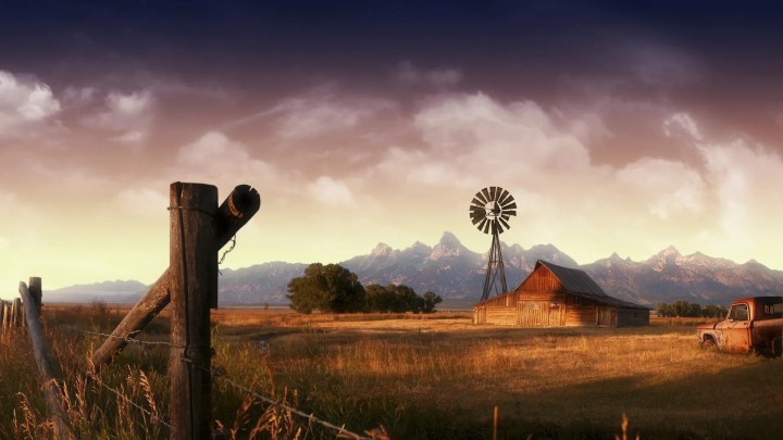 Misty mountains landscape path fence house