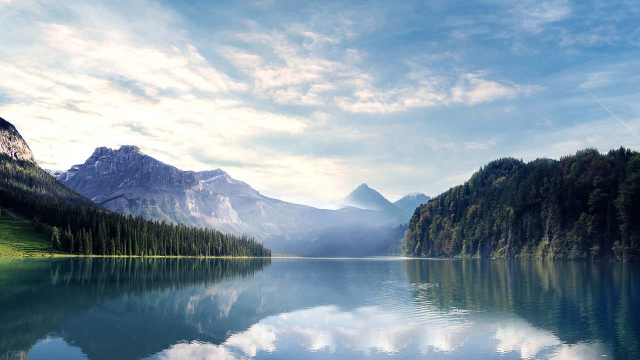 Mountains lake forest reflection blue sky clouds
