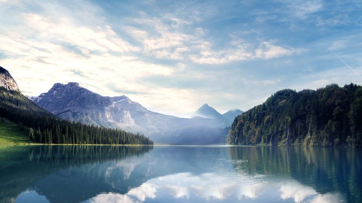 Mountains lake forest reflection blue sky clouds