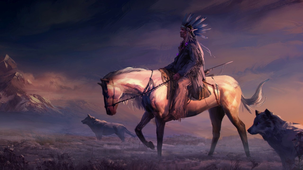 Native American rider on horse with wolves in mountains