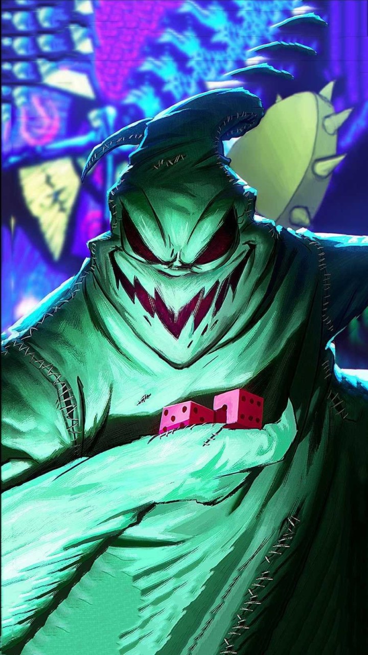 Oogie Boogie surrounded by bats under full moon