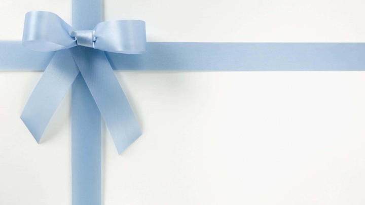 Pale blue ribbon bow on a white background