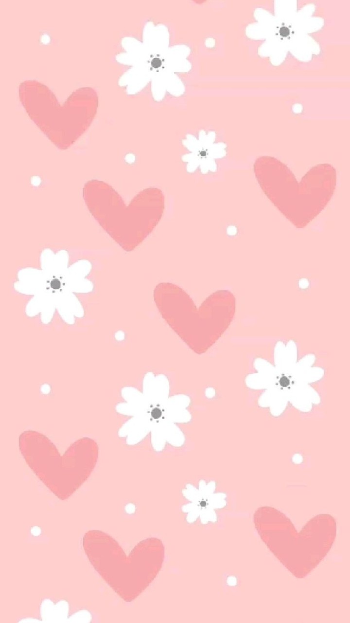 Pink background with hearts flowers and dots pattern