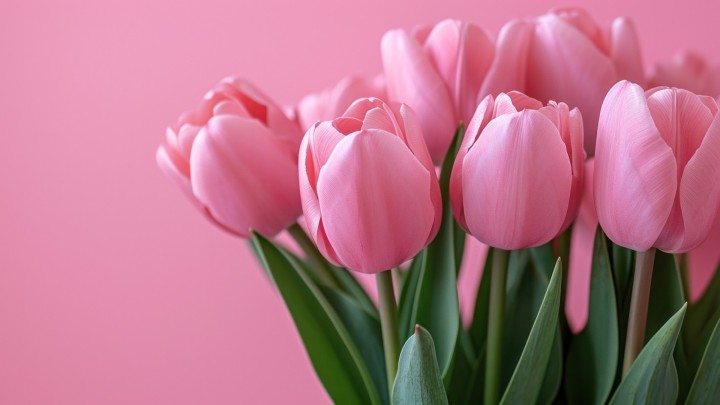 Pink tulips bouquet against pink background
