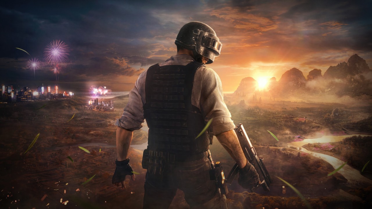 Player character from PUBG game with helmet and gun