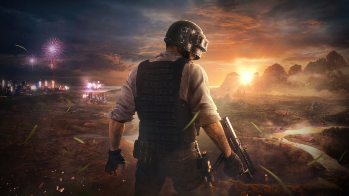 Player character from PUBG game with helmet and gun