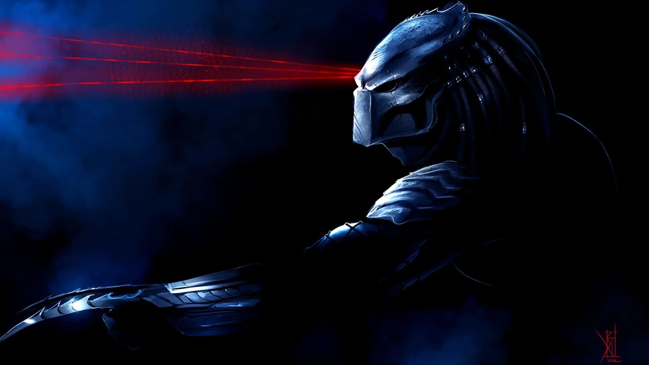 Predator in comic art style with weapon skulls logo