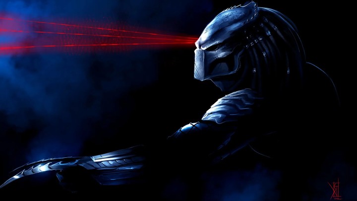 Predator in comic art style with weapon skulls logo