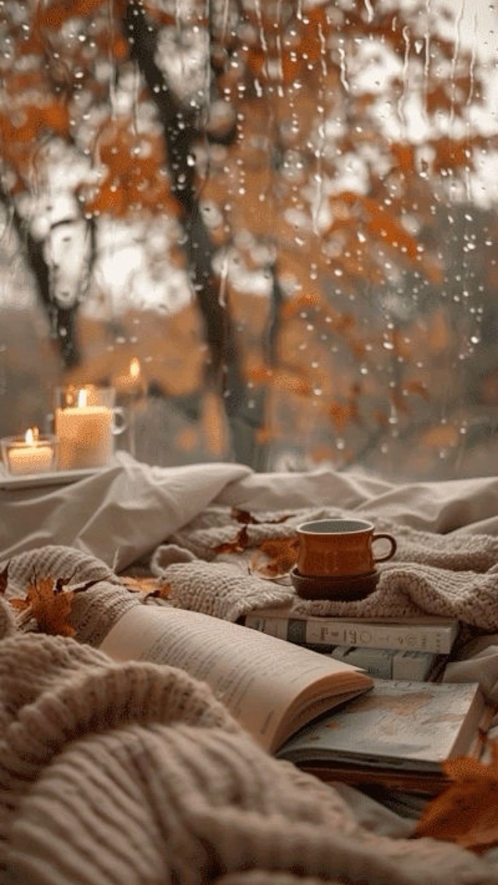 Pumpkins autumn leaves cozy coffee on a bed