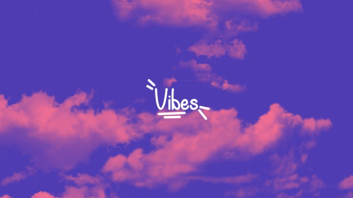 Purple sky with pink clouds and white text Vibes
