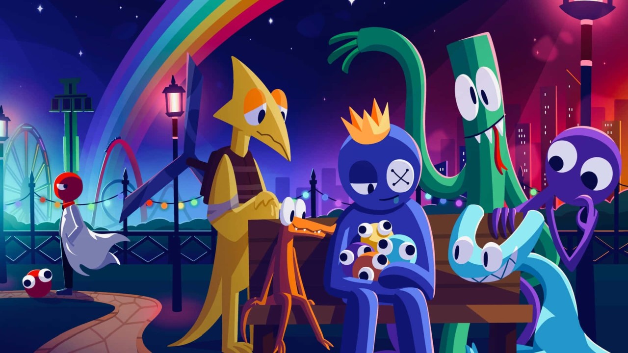 Rainbow Friends characters at amusement park at night