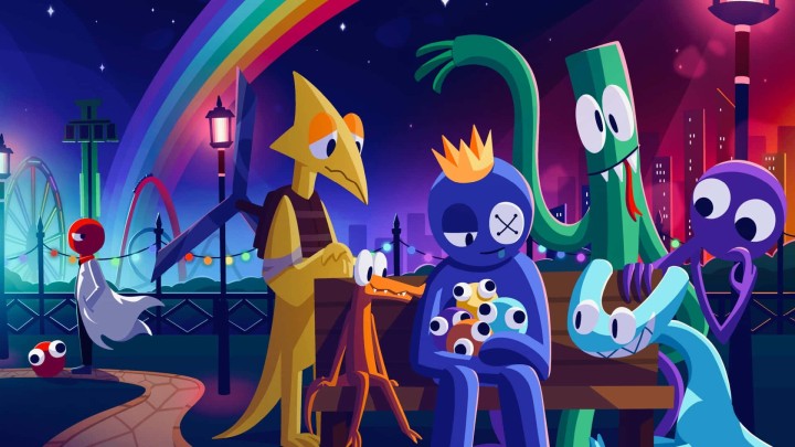 Rainbow Friends characters at amusement park at night