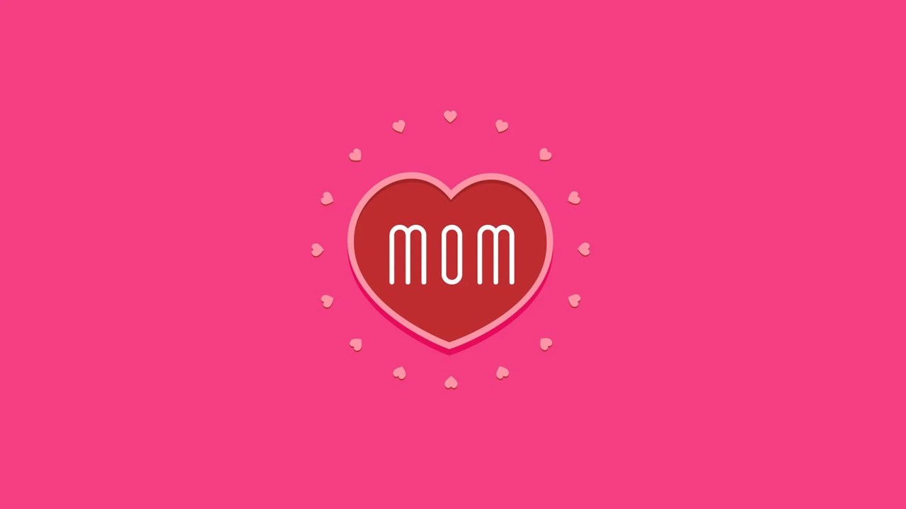 Red heart with MOM text surrounded by hearts on pink background