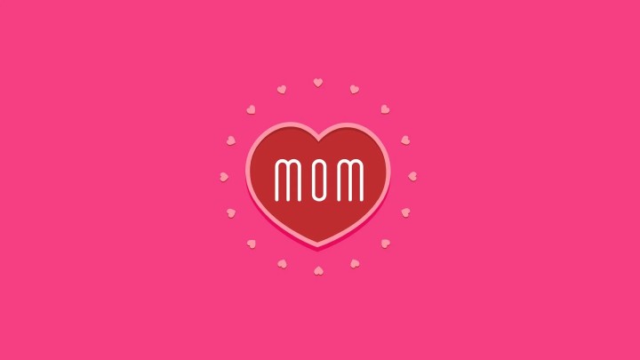 Red heart with MOM text surrounded by hearts on pink background