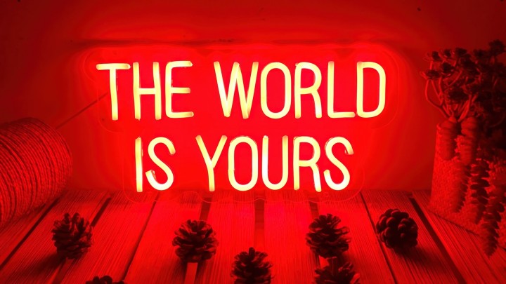 Red neon sign THE WORLD IS YOURS on wood with pine cones
