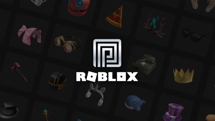 Roblox logo with various game accessories and items