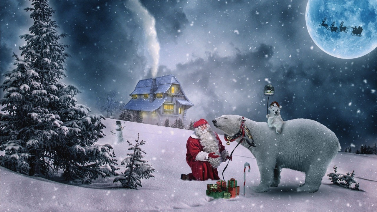 Santa Claus flying sleigh reindeer moon night sky