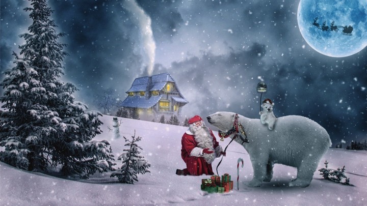 Santa Claus flying sleigh reindeer moon night sky