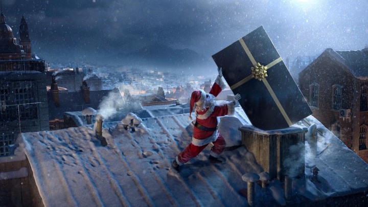 Santa Claus polar bear snowy Christmas night scene
