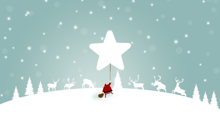 Santa Claus holding a star with reindeer and snow