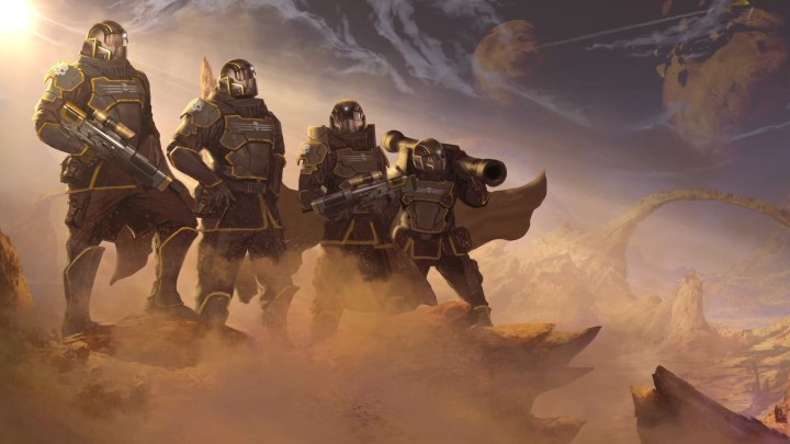 Soldiers fight aliens on alien planet with flag