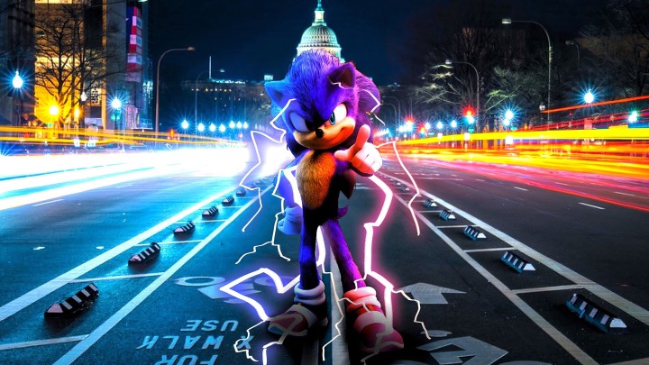 Sonic the Hedgehog on city street at night light trails