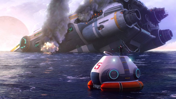 Spaceship crashes into ocean with lifepod from Subnautica