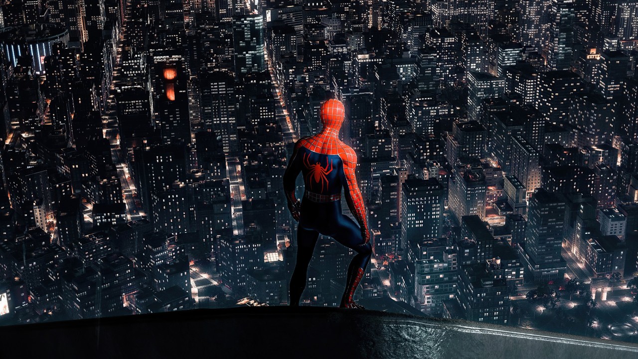 Spider-Man overlooks city at night from rooftop
