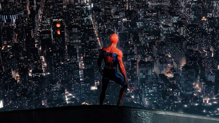 Spider-Man overlooks city at night from rooftop