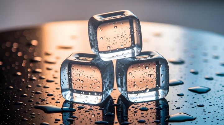 Stack of ice cubes with water droplets and reflections