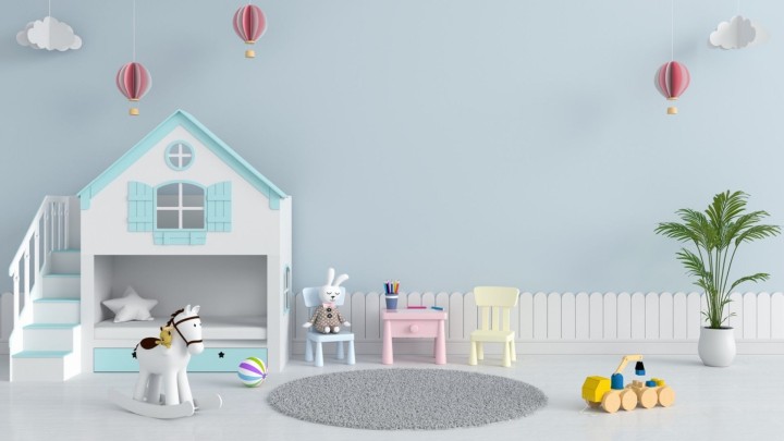 Stuffed toys on wooden floor kids room