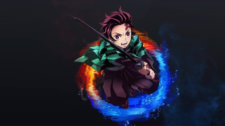 Tanjiro Kamado anime sword fire water dynamic pose