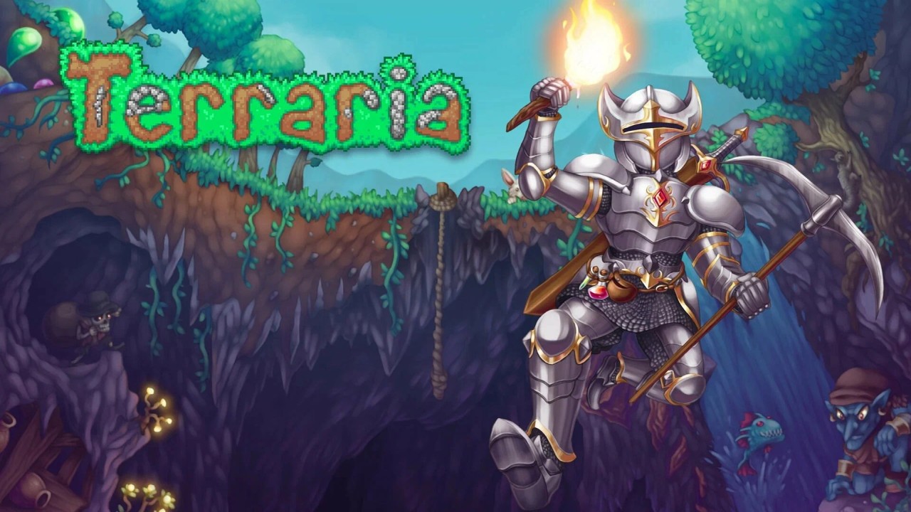 Terraria character in armor underground with logo