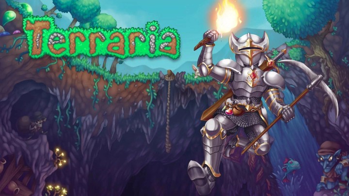 Terraria character in armor underground with logo