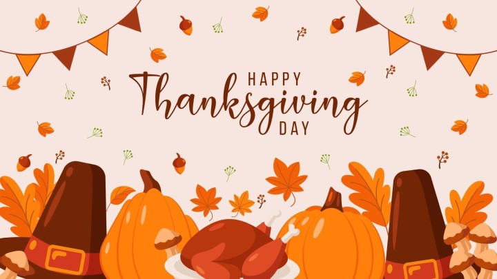 Thanksgiving feast turkey pumpkins hats leaves banner text