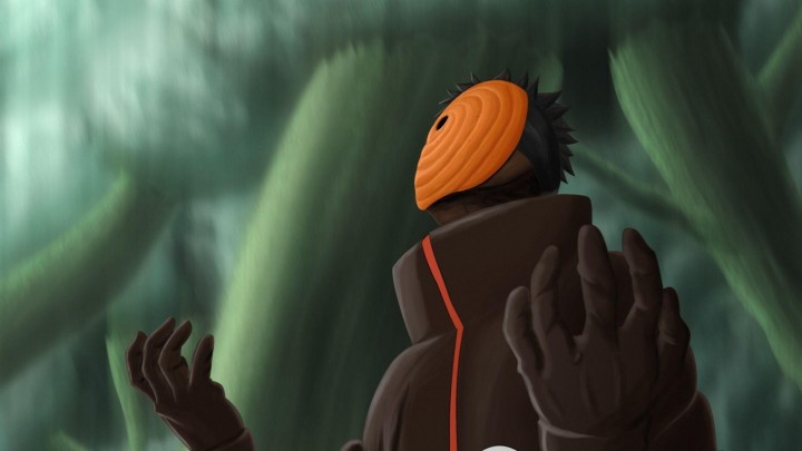 Tobi Naruto mask cloak hands up forest background